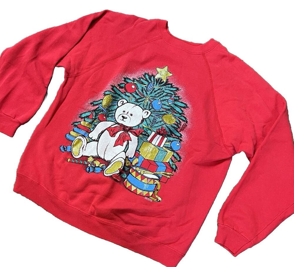 Vtg 1980s Teddy Bear Ugly Christmas Sweater Contest Winner L Tree Red Toys USA